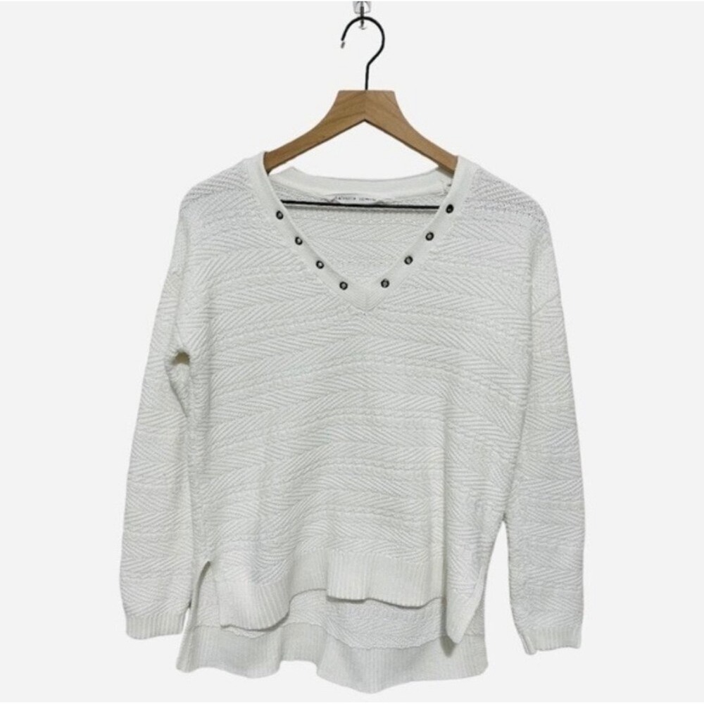 Athleta XXS White Textured Knit V-Neck Sweater Pullover Long Sleeve Casual - Picture 4 of 12